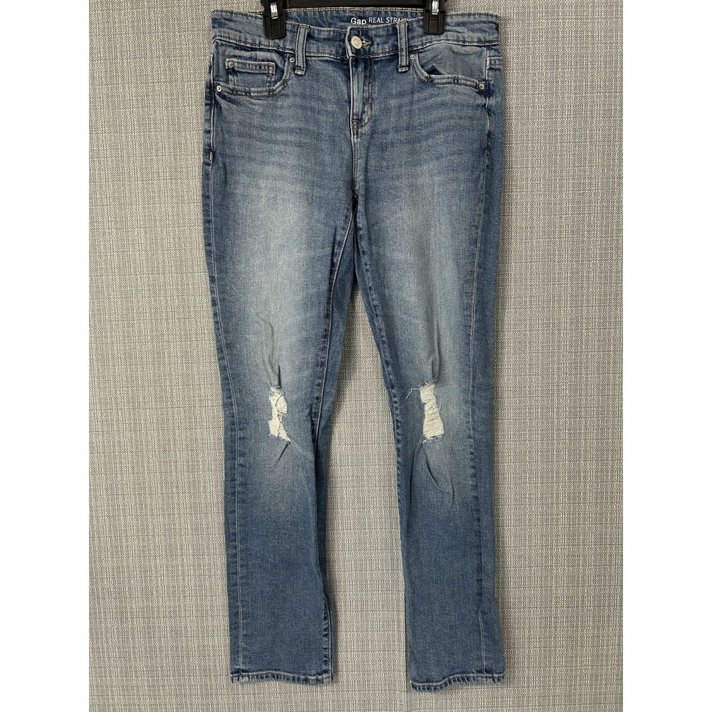 Gap Real Straight Fit Jeans Womens 4/27 Blue Denim Cotton Medium Wash Distressed